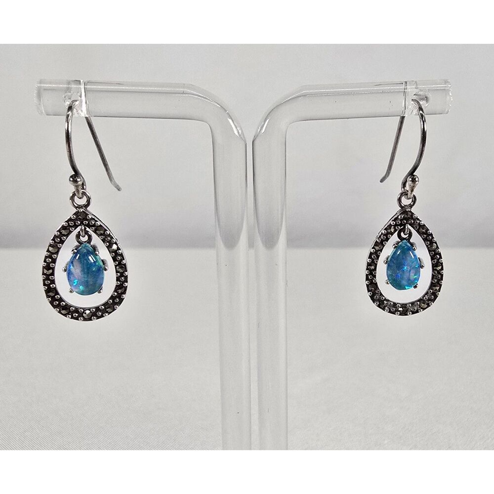 Sterling Silver 925 Synthetic Opal & Marcasite‎ Teardrop Earrings Pierced Hook
